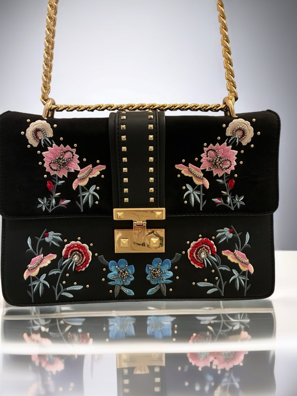 Topshop Black Floral Embroidered Crossbody Bag with Gold Chain